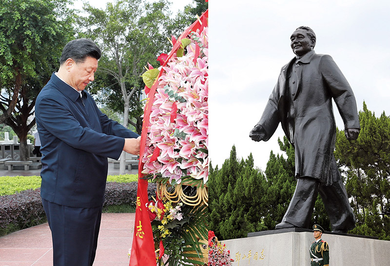 2020年10月14日，深圳經濟特區建立40周年慶祝大會在廣東省深圳市隆重舉行。中共中央總書記、國家主席、中央軍委主席習近平在會上發表重要講話。這是當天下午，習近平來到蓮花山公園，向鄧小平同志銅像敬獻花籃。 新華社記者 王曄/攝